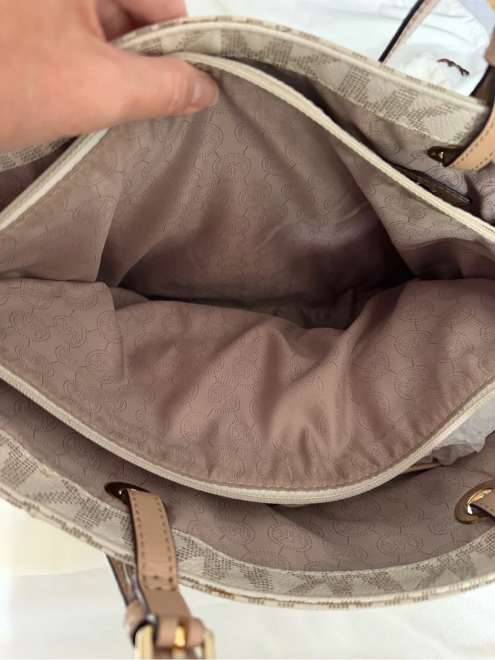 Michael Kors Cream Signature MK Tote with Gold Hardware